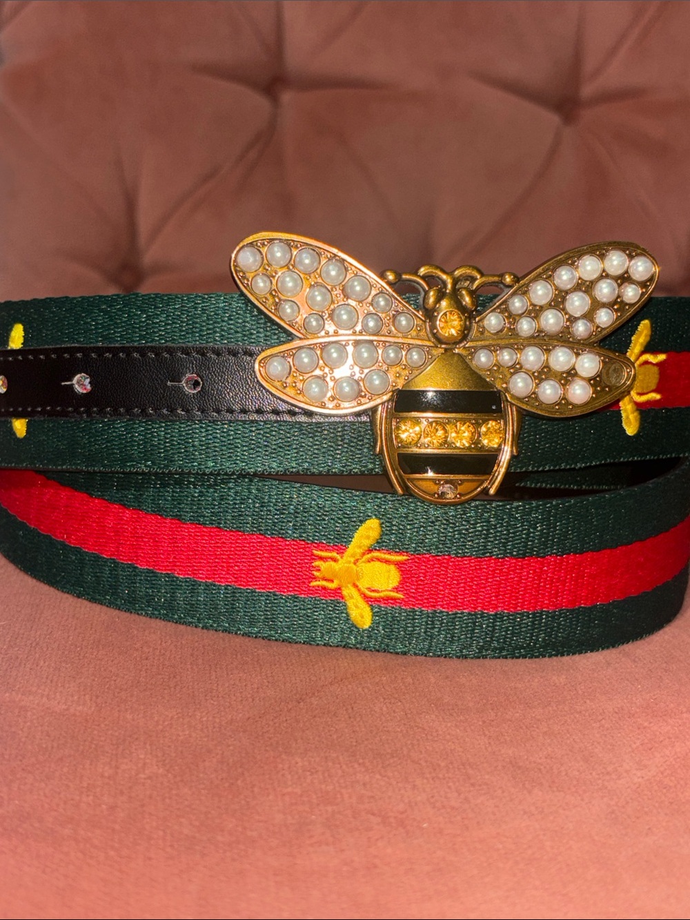 Striped bee belt embellished buckle green/red bumble bee belt gemstone pearl